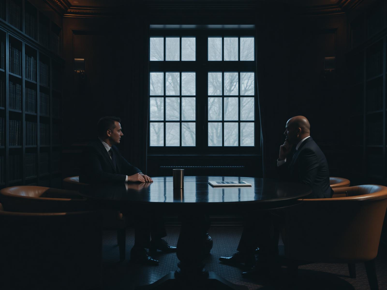 Two executives in a consultative conversation in a dark luxury library
